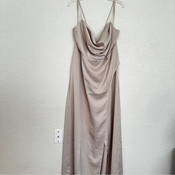 NWT BHLDN Anthropologie Champagne Remy Cowl Neck Faux Wrap Satin Gown 18W - Picture 2 of 10